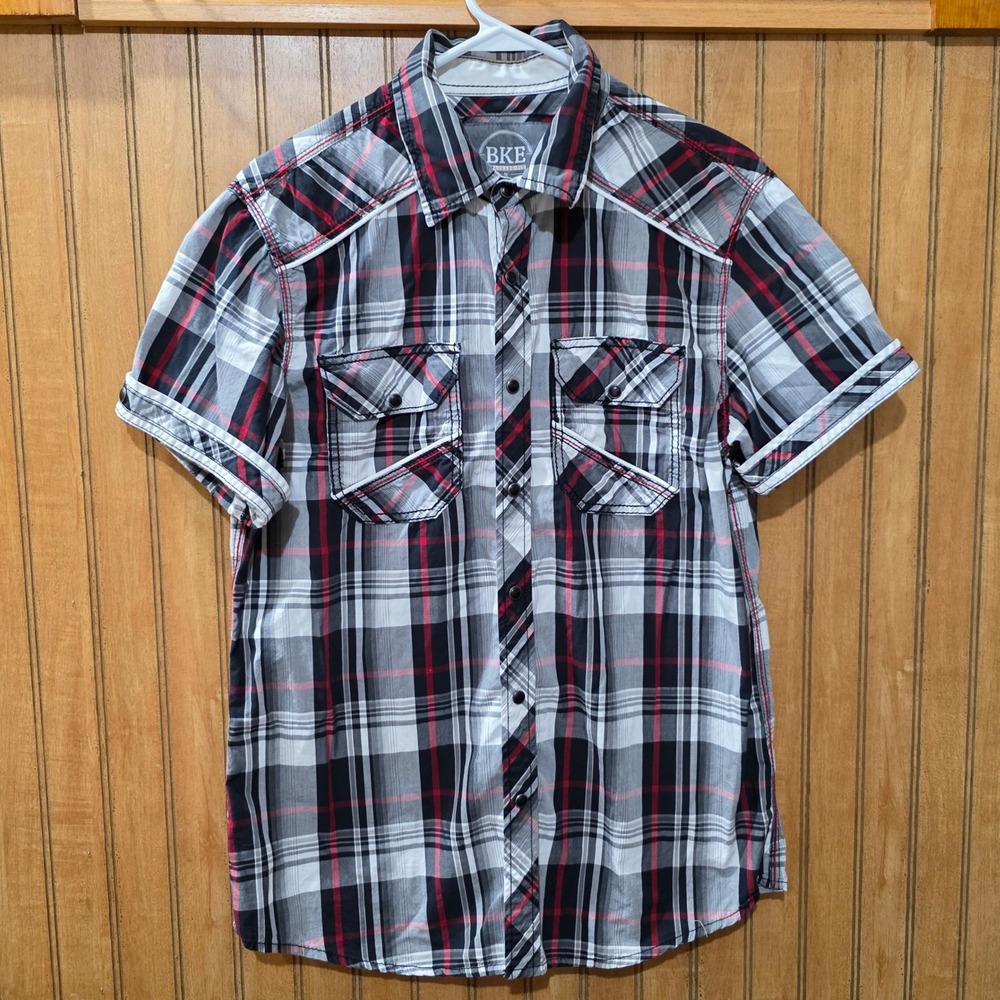 BKE Plaid‎ Shirt Short Sleeve Pearl Snap Black Red Standard Fit Western  M